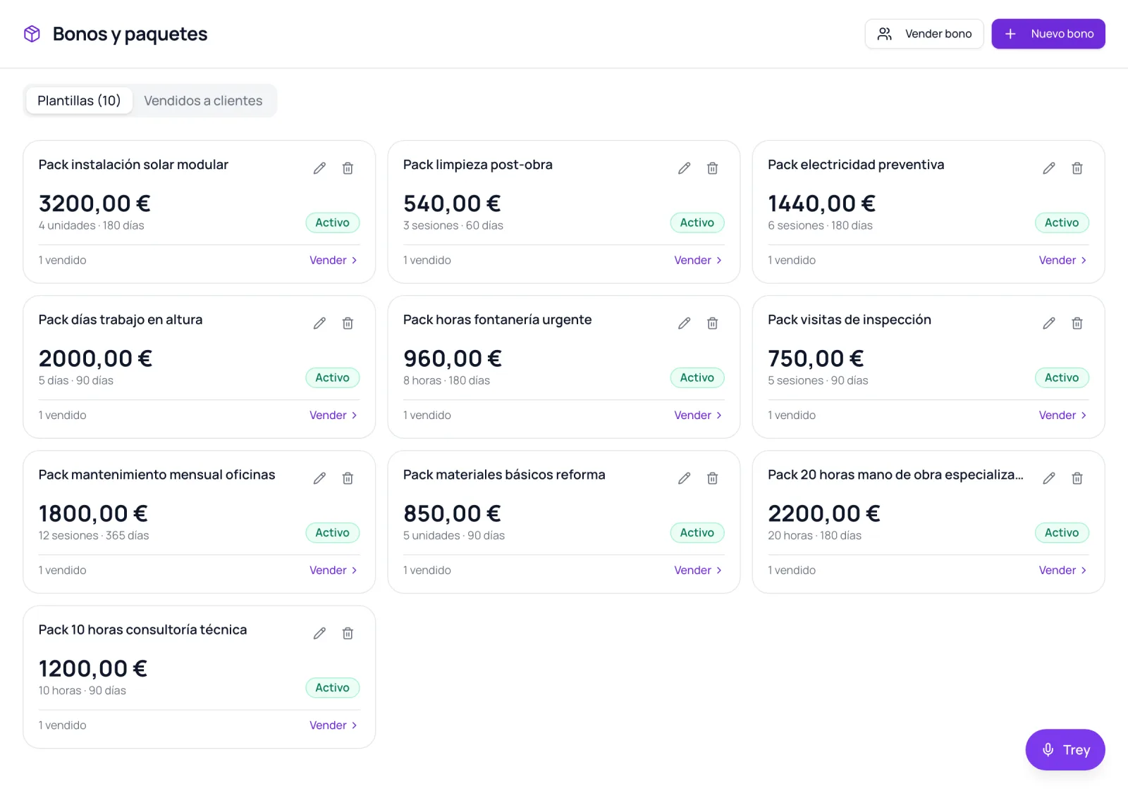 Bonos de sesiones con lo consumido y lo que queda por usar